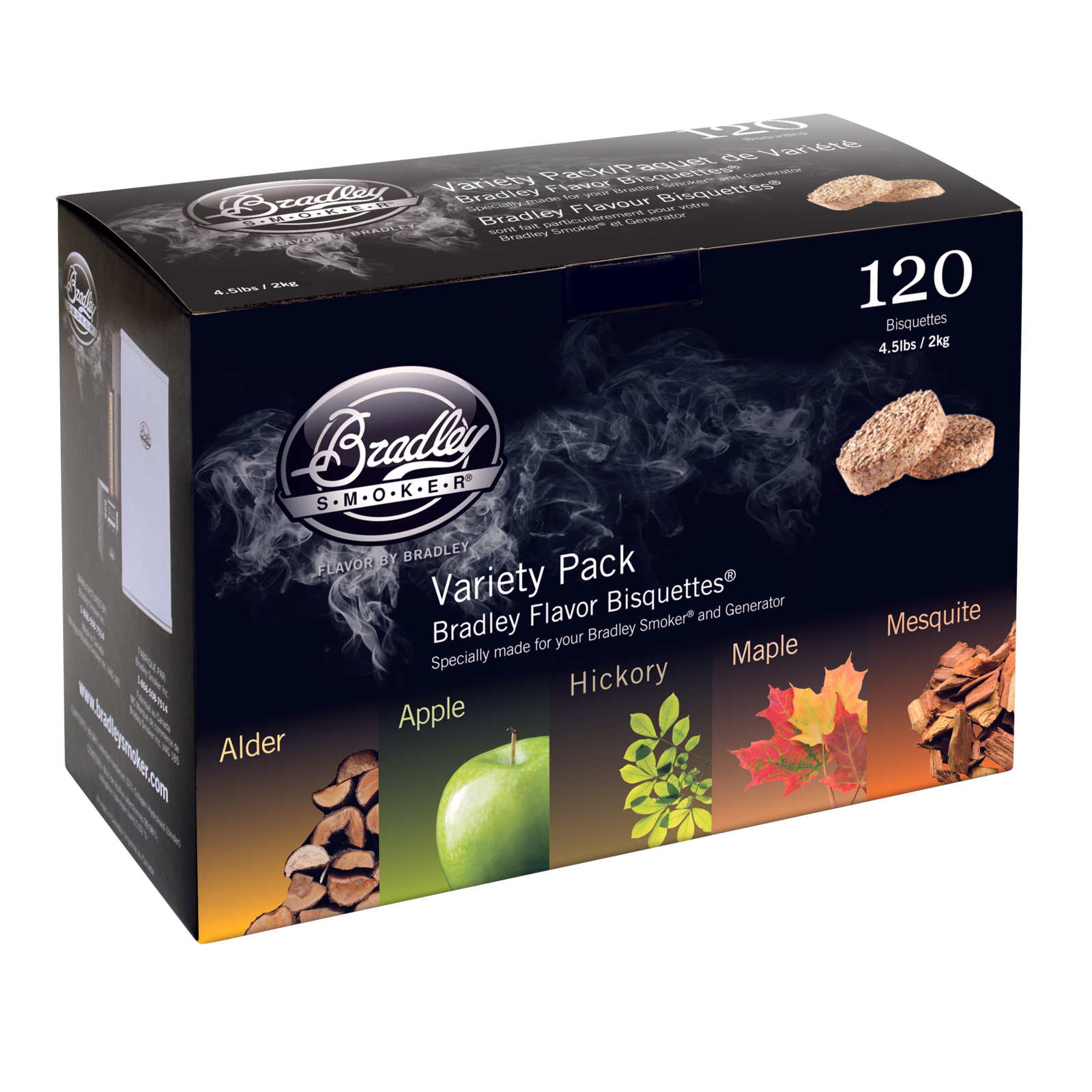 Bradley 120 Variety Pack (24 ea Apple, Alder, Mesquite, Hickory, and Maple Bisquettes) - BT5FV120