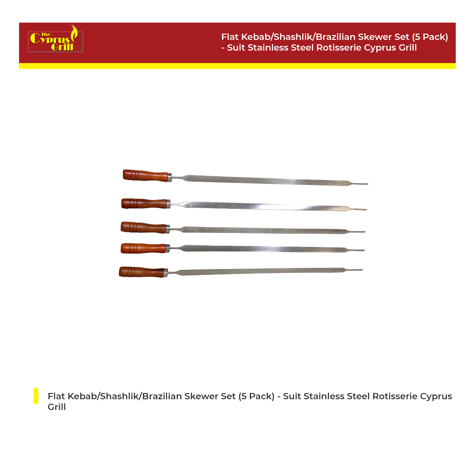 Flat Kebab/Shashlik/Brazilian  Skewer Set (5 Pack) - Suit Stainless Steel Rotisserie Cyprus Grill - SS-2402