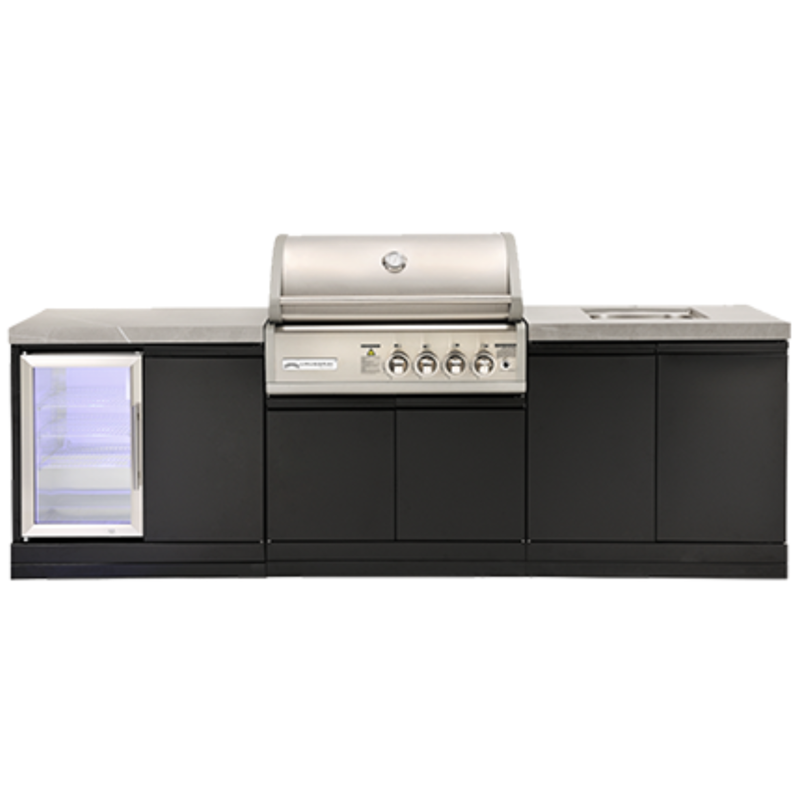 Crossray Kitchen BBQ Burner Double side cabinets with 1 x flat benchtop (L), under bench sink (R) and single fridge (L) -TC4K-08