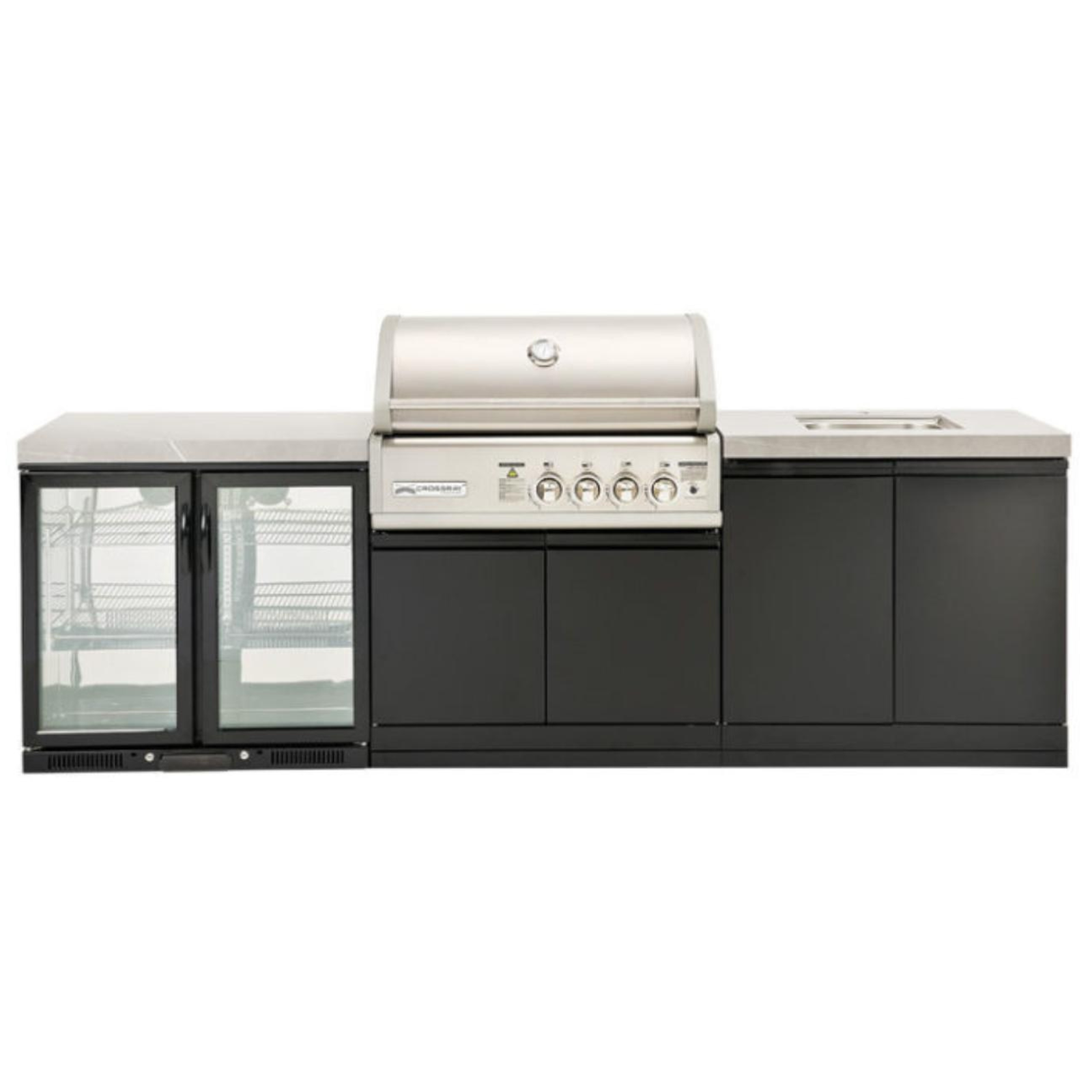 Crossray Kitchen BBQ Burner Double side cabinets with 1 x flat benchtop, under bench sink and Double Black fridge
