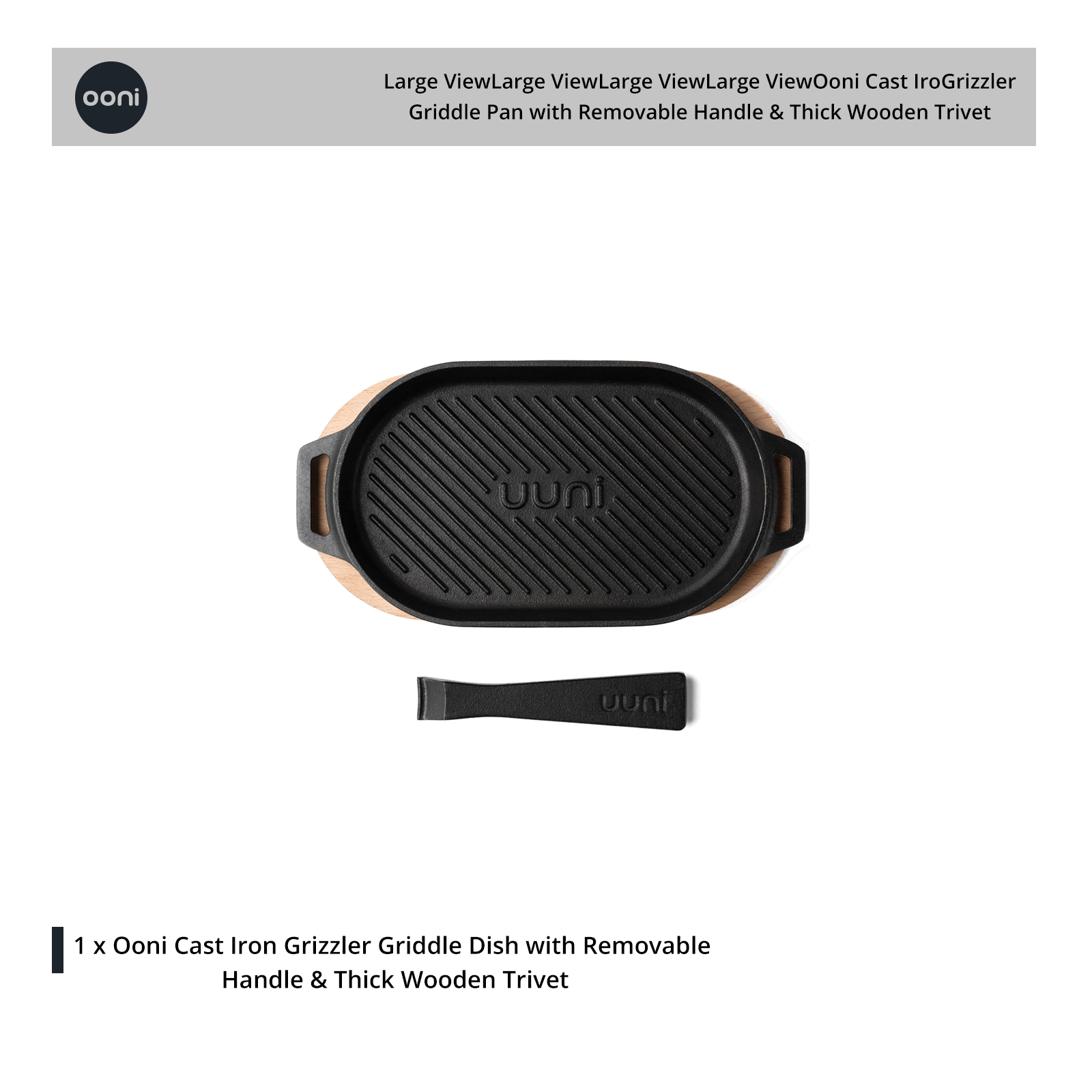 Ooni Cast Iron Grizzler Griddle Pan with Removable Handle & Thick Wooden Trivet - UU-P08D00